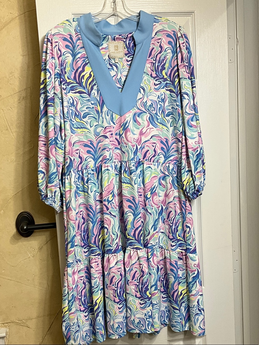 SIMPLY SOUTHERN Pastel Swirl Tiered V-Neck Dress - Blue Accents